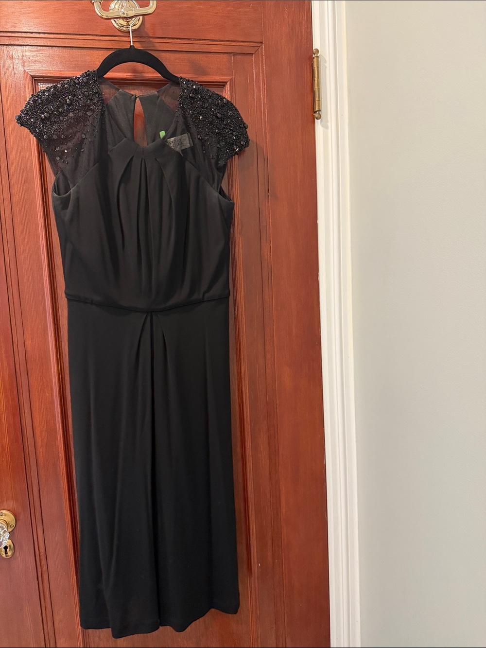 Badgley Mischka Black Beaded Cap-Sleeve Midi Dress